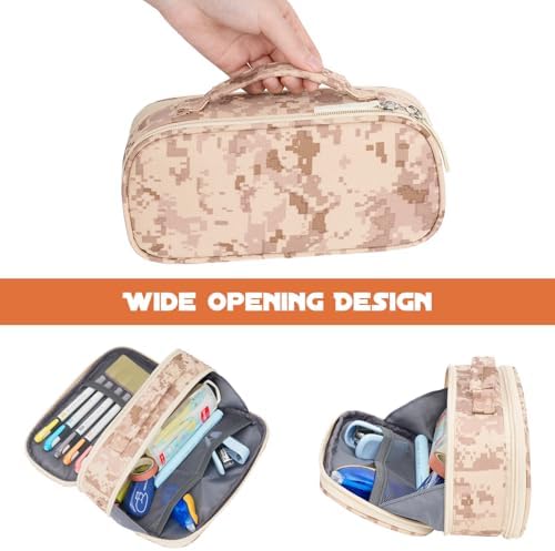 ECHSRT Large Tactical Pencil Case, 3-Compartment Zipper Pouch, Desert Camo