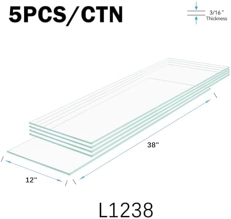 12" x 38" - 5-Pcs Tempered Glass Rectangular Shelves - 3/16" Thick - Home & Office Storage Racks
