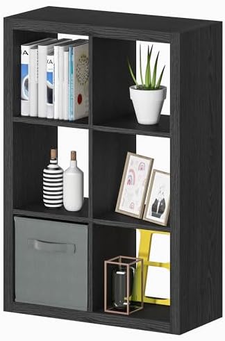 furtble Bookshelf with Storage Bin, 6-Cube Storage Organizer, Modern Wood Open Bookcase, Multifunctional Display Shelf f