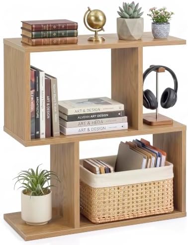 Tangkula 2 Tier Geometric Bookshelf, Freestanding Wooden Display Shelf, Home Office Room Divider S Shaped Open Bookcase,