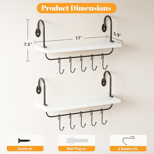 Olakee Floating Wall Shelves for Kitchen Bathroom Coffee Nook with 10 Adjustable Hooks for Mugs Cooking Utensils or Towe