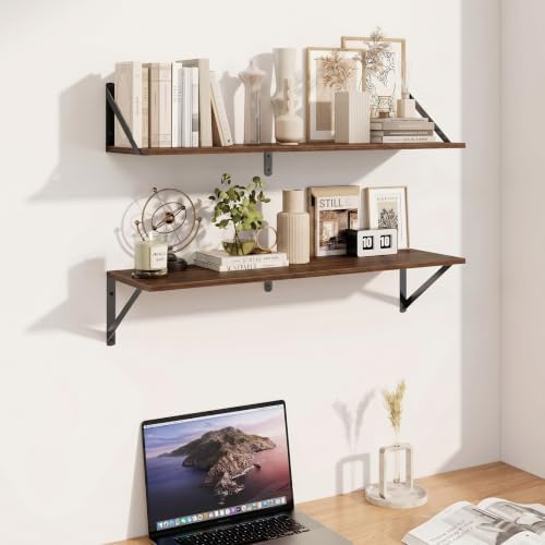 Heimlove Black Deep Floating Shelves for Wall, 31.5W x 8D Wood Wall Shelves Set of 2, Wide Floating Bookshelf for Living