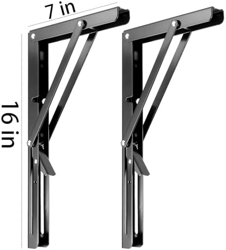6 PCS 16 Inch Black Folding Shelf Brackets Heavy Duty, Wall Mounted Collapsible Triangle Shelf Bracket for Table Bench W