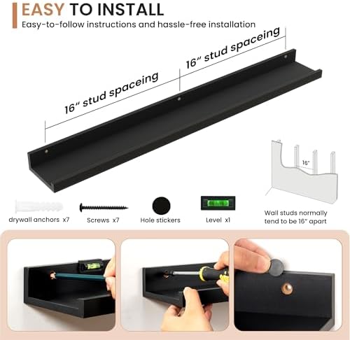 Dreamland Picture Ledge Shelf for Wall, Floating Shelves Set of 2, 36 Inch Long Floating Shelves with Lip for Living Room, Bedroom, Bathroom, Kitchen, Black