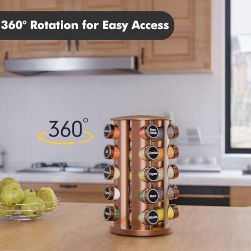 New England Stories Revolving Spice Rack Set with 20 Spice Jars, Kitchen Spice Tower Organizer for Countertop or Cabinet
