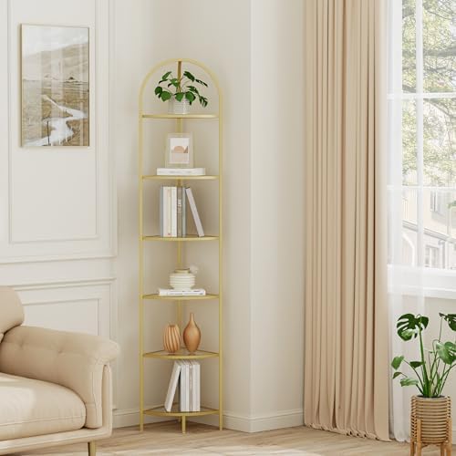 Homhedy 6-Tier Gold Corner Shelf Stand, Metal Corner Bookshelf
