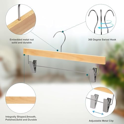 Quality Hangers 20 Pack Wooden Skirt Pant Hangers, Luxury 14" Ultra Thin Space Saving Skirt Hangers, 360 Degree Swivel H