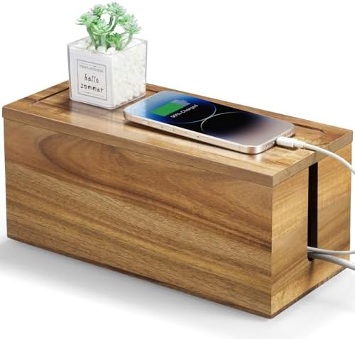 Acacia Wood Cable Management Box - Cable Organizer Box - 2 Open Slots Cords Hider Box - Under Desk Cord Organizer for Po