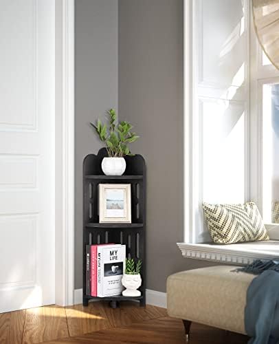 Meangood Bathroom Corner Shelf Stand, 3 Tier Solid Wood Display Shelf for Narrow Space, Shower Corner Shelf, Plant Stand