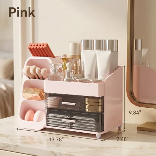 Makeup Organizer for Vanity with Brush Holder and 2 Drawers, Pink