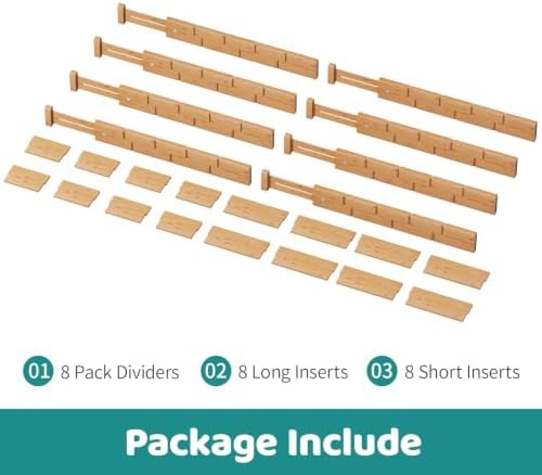 8 Pack Kitchen Drawer Dividers with Inserts, Bamboo Adjustable Drawer Organizers, Expandable Organization for Home, Dressers, 8 Dividers with 16 Inserts