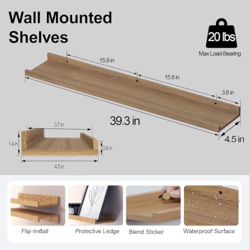 Oak Floating Shelves for Wall Decor, 40 in Shelf with Lip, 2 Set