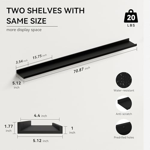 Boswillon Floating Shelves Set of 2, Long Wall Shelf with Lip, 72in, Black