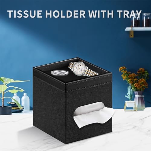 PU Leather Square Tissue Box Cover with Storage Tray - Decorative Organizer for Bathroom Vanity, Night Stands, Office De