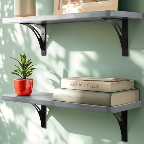 Reinforced Steel Bracket Grey Wall Shelves - Easy to Install, Template and Video Included - Grey Shelf for Wall, Gray Sh
