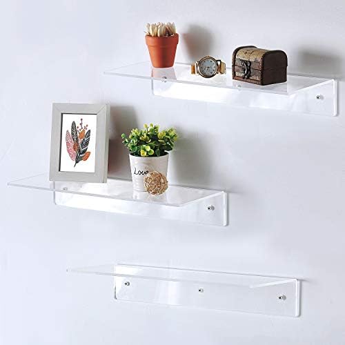 MyGift 17-Inch Clear Acrylic Floating Shelves - Wall Mounted Modern Crystal Display Shelf Racks, Set of 3