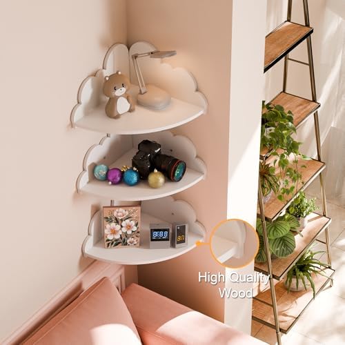 Solid Wood Cloud Floating Corner Shelves for Nursery, Set of 3 Cloud Shaped Wall Shelf, Cute Corner Shelves Wall Mounted