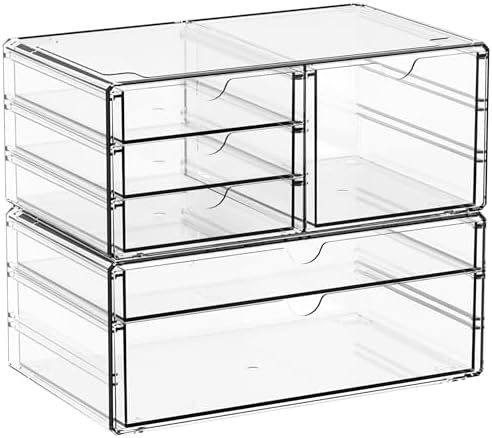 Yieach 2 Pack Acrylic Drawer Organizer With 6 Drawers,Stackable 11.1” Large Clear Storage Drawers and Makeup Organizer F
