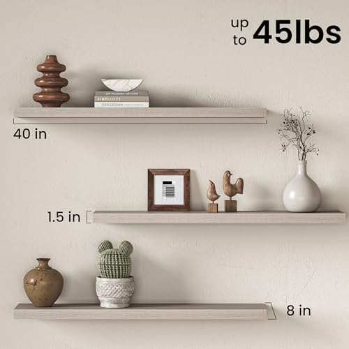 40" Floating Shelves for Wall, Set of 2, 8" Deep, 1.5" Thick, Gray