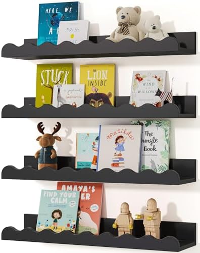 Seocry Kids' Bookshelf Set of 4 - Black Floating Nursery Book Shelves, Picture Ledge Shelf for Wall Decor and Storage - Perfect for Books, Toys, Photo Frames, and Nursery Décor