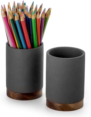 Ceramic Pen Holder for Desk, Pencil Cup, (Dark Grey, Set / 2)