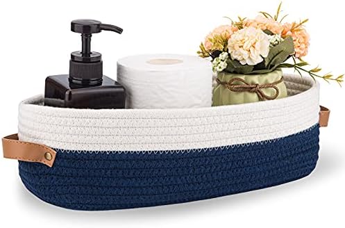 Toilet Basket,Woven Storage Basket for Toilet Tank Top Farmhouse Home Decor Organizing Baskets 13"x5.9"x4" Navy Stitchin