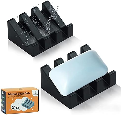 Self Draining Silicone Soap Dish Holder Waterfall Tray, 2 Pack Black