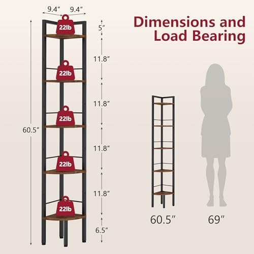Tajsoon Corner Shelf Stand 5 Tier 60.5" with Metal Frame, Rustic Brown