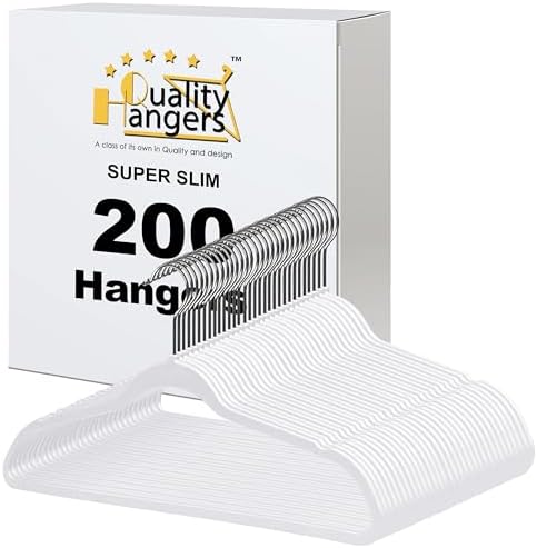 Quality Hangers 200 Pack Slim Plastic Hangers for Clothes - 16.5" Won't Crease Your Clothes, Heavy Duty Non-Velvet White Hangers, 360° Swivel Chrome Hook Dresses Coats Shirts