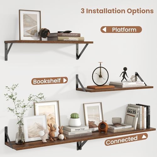 Axeman 24 Inch Floating Shelves, 8 Inch Deep Walnut Wall Shelves Set of 2