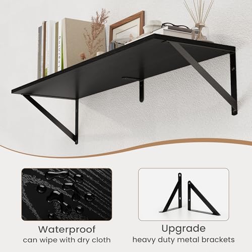 Heimlove Black Deep Floating Shelves for Wall, 32W x 8D Wood Wall Shelves Set of 2, Wide Floating Bookshelf for Living R