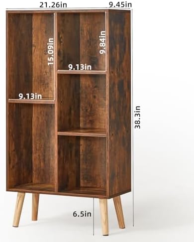 LEYAOYAO 5 Cube Bookshelf, Mid-Century Modern Book Shelf with Legs, Brown