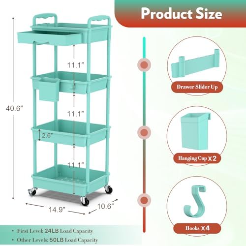 SUNALLY Makeup Cart Organizer with Drawer, 4 Tier Rolling Makeup Cart, Blue