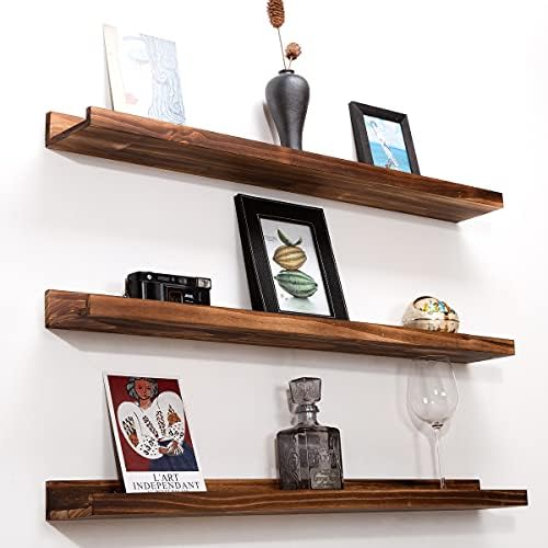MBYD 48 Inch Picture Ledge Shelf Set of 3, Wall Mount Carbonized Burnt Black Floating Wall Shelves Photo Ledge Natutal P