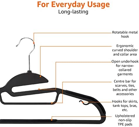Amazon Basics Non-slip Heavy Duty Space Saving Plastic Hangers with Rubber and Horizontal Bar, Lightweight, Gray, Pack of 50