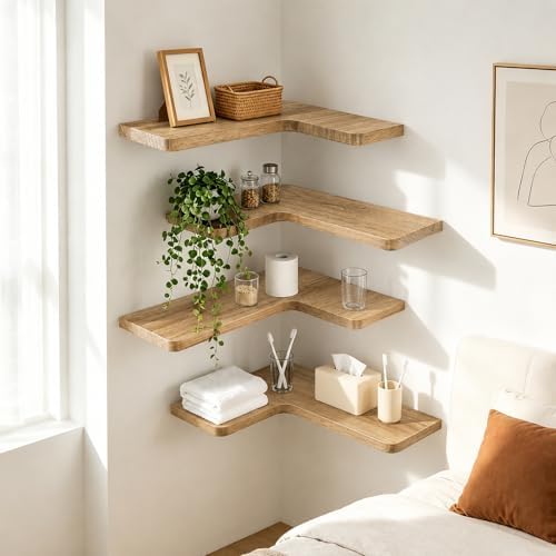 Solid Wood Corner Floating Shelves, L-Shaped, Oak, Set of 4