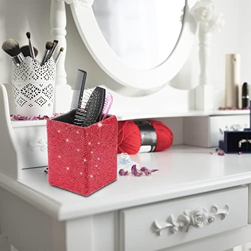 KEYPOWER Crystal Pencil Pot Holder Box Bling Rhinestone Pen Organizer Holder Cosmetic Container Comb Brushes Personalized (Square Red)