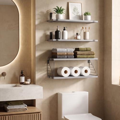 Fixwal 3+1 Tier Bathroom Floating Shelves Over Toilet, Gray