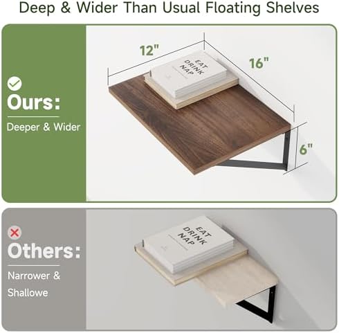 Heimlove 16W x 12D Deep Floating Shelves Set of 4 Natural