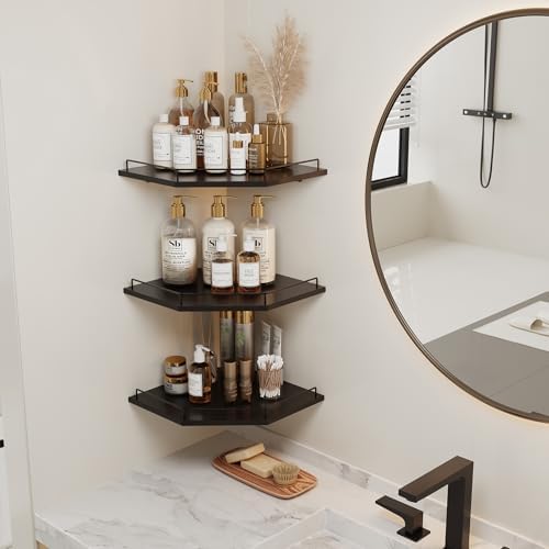 JJL Corner Shelf with Rails, 3-Tier Hexagon Floating Corner Shelf Wall Mounted, 12 Inch Black Rustic Wood Heavy Duty Wal