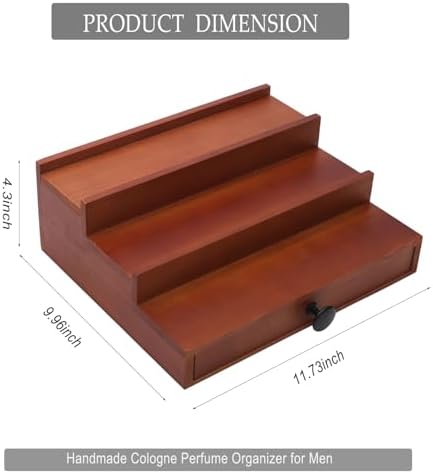 3 Tier Men's Cologne Organizer, Brown Wood Perfume Display Stand w/ Drawer