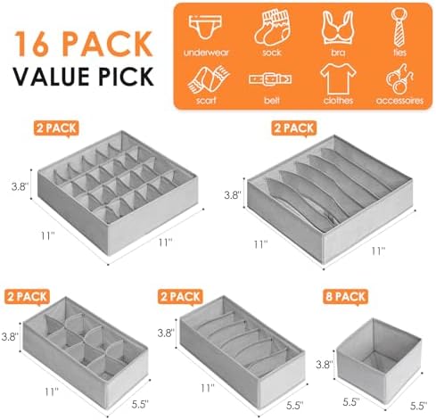 Criusia 16 Pack Sock Underwear Drawer Organizer, 96 Cells Dresser Organizer for Baby Clothes, Foldable Fabric Closet Org