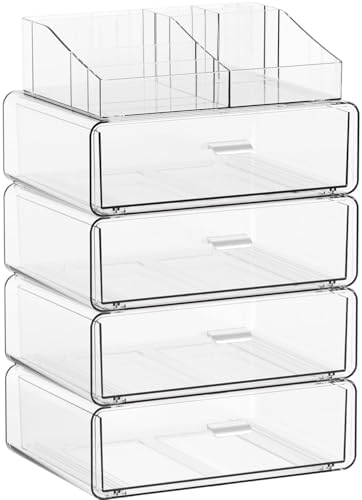 Yieach 5 Tier Clear Acrylic Makeup Organizers with Drawers,Tiered Countertop Make up Storage Organizer for Dresser Top a