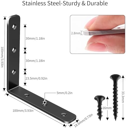 YUMORE Heavy Duty L Bracket, 4 x 4 Inch Corner Brace, Black, 4 Pack
