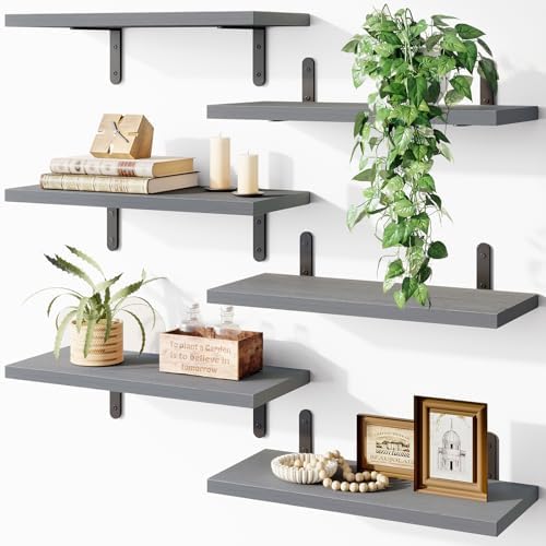 Fixwal Wood Floating Shelves Set of 6, Wall Mounted - Farmhouse Shelf for Bedroom, Bathroom Storage - Grey