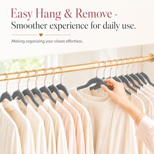 Smartor Grey Velvet Hangers 50 Pack, Non Slip Rose Gold Hook Felt Hangers