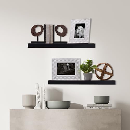 MELANNCO Floating Shelves for Wall Set of 2, Black Wood Wall Shelves with Pole Mount, 23.6 x 5.17 x 1.5 in, Modern Wall 