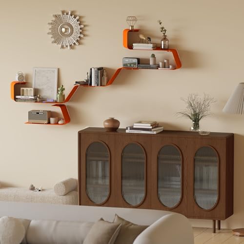 Sttoraboks Floating Wall Shelves Set of 3, Metal Mounted Shelf with Unique Design, Bookshelf for Storage & Display in Ba