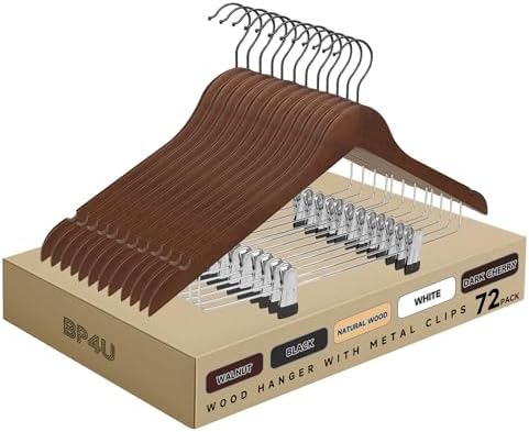 Wooden Hangers with Adjustable Metal Clips, 72-Pack, Walnut
