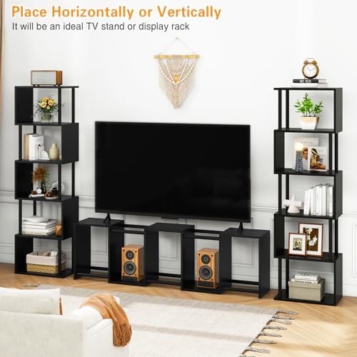 IBUYKE 6-Tier Tall Bookshelf,S-Shaped Geometric Bookcase,Black WBC016B